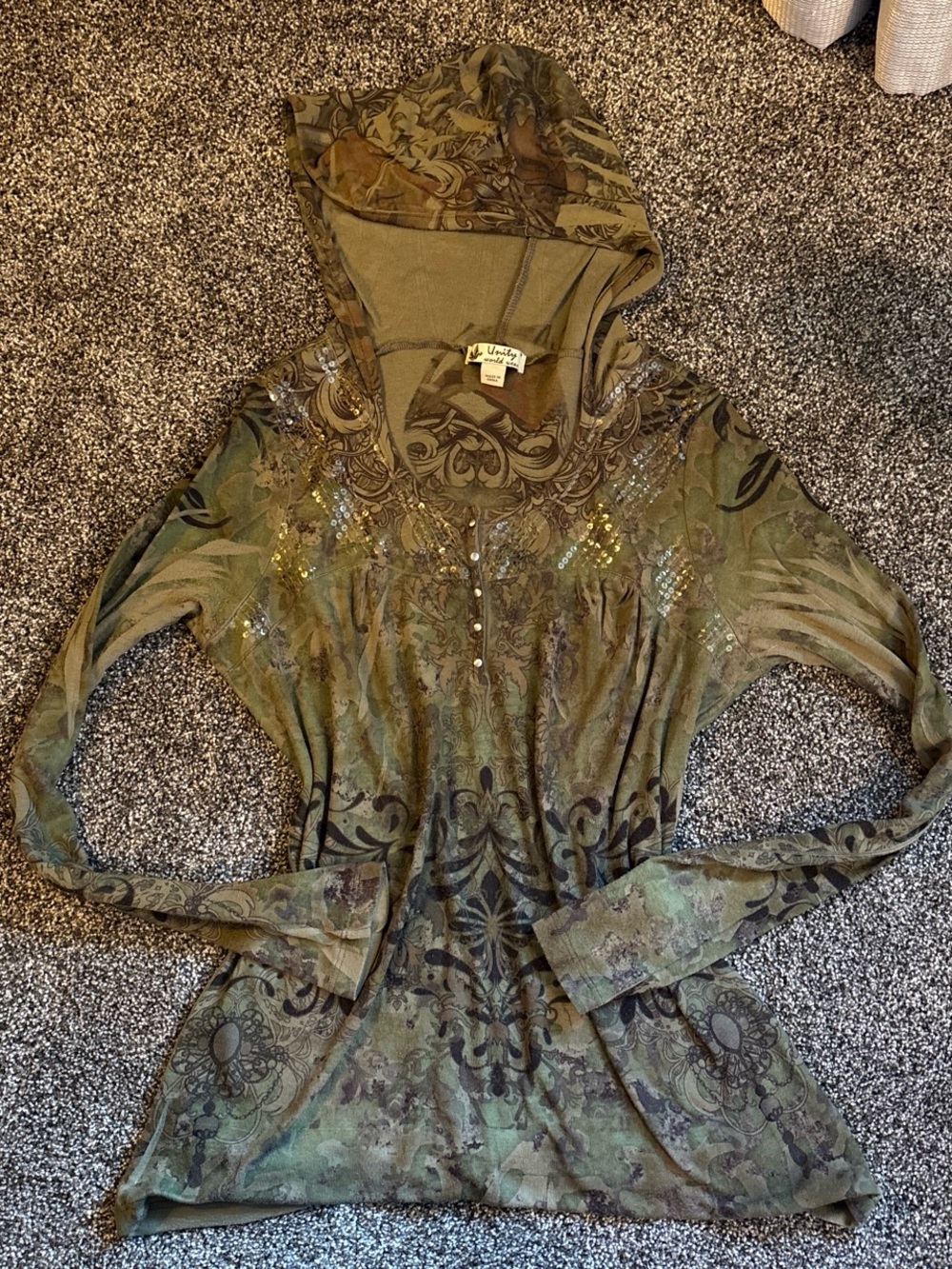 Unity World Wear Olive Green Hooded Top with Sequin Detail